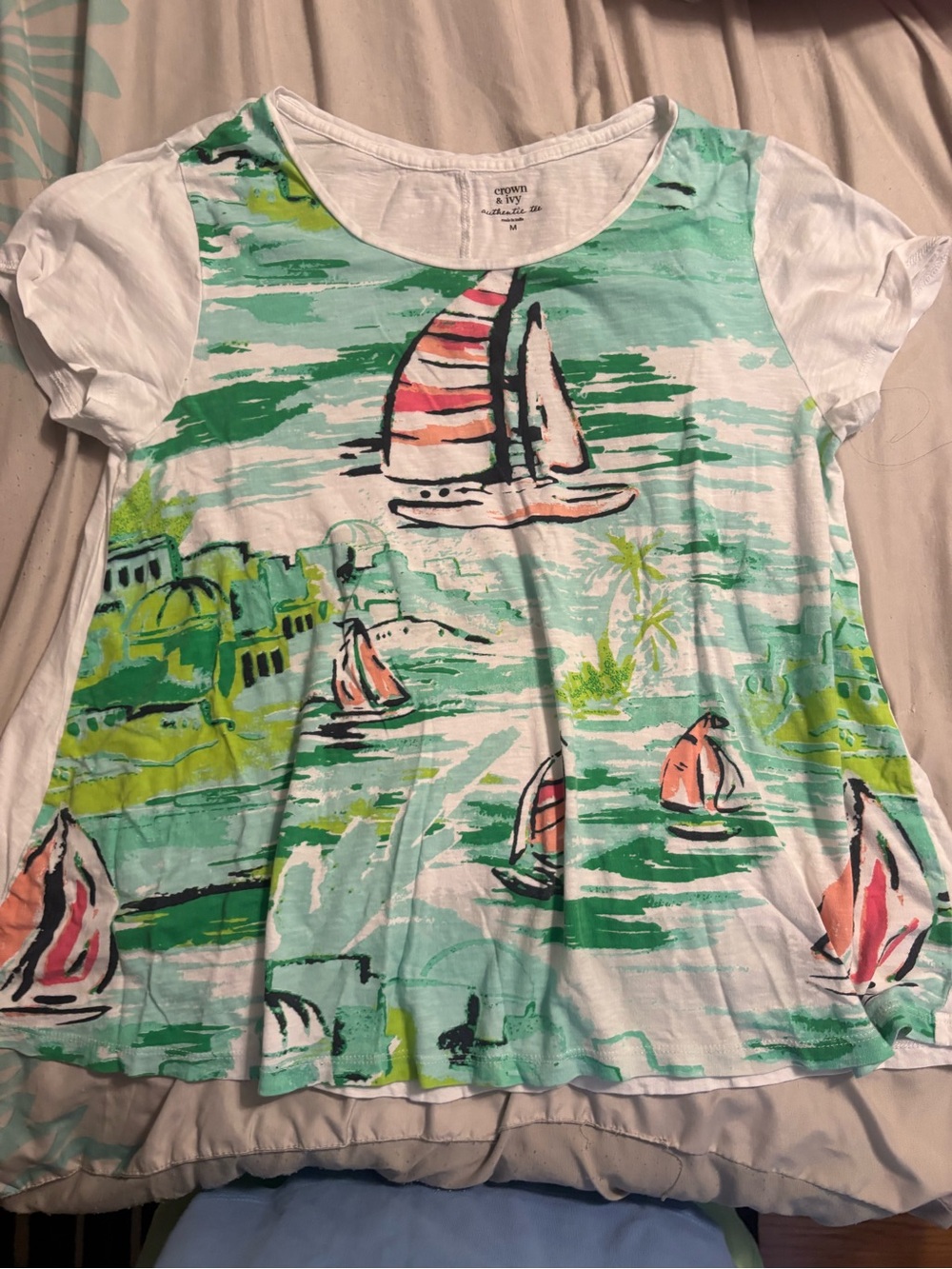 crown & ivy White Tee with Green and Black Print